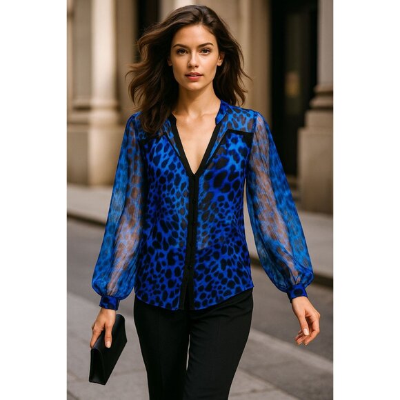 Arynk Large Blue Black Mulberry Silk Sheer Leopard Animal Print Blouse City Styl - Picture 3 of 11